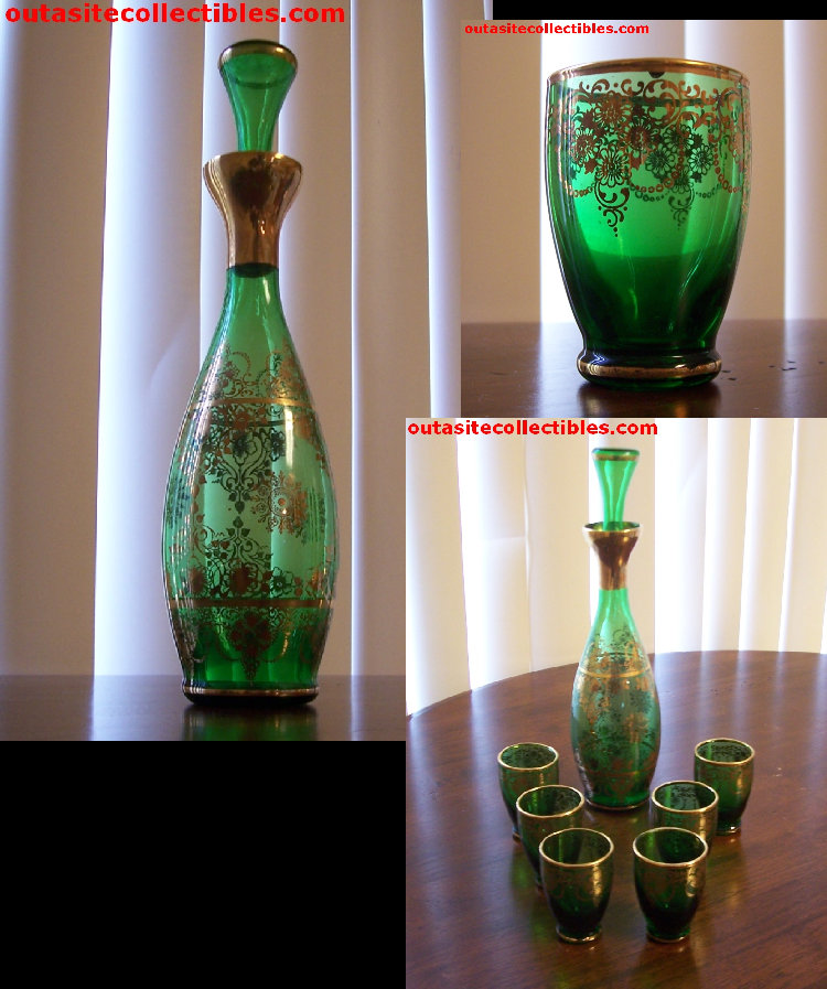 Murano Glass Decanter Vintage Emerald Green Gilt Trim Decanter Set